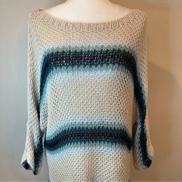 J. Jill Loose Knit Dolman 3/4 Sleeve Sweater Linen Blend Striped Blue Beige - Picture 4 of 12